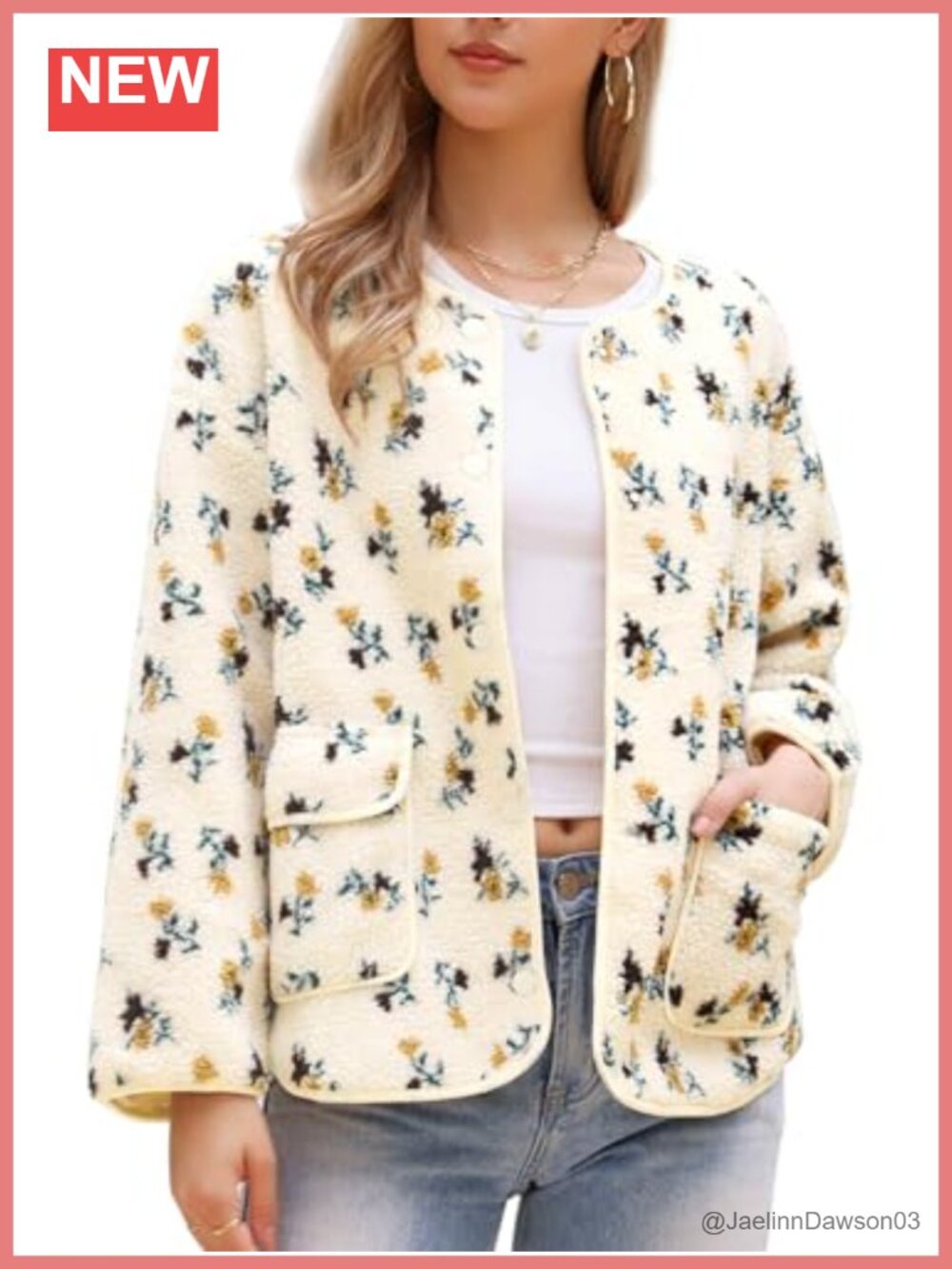 Fleece Jacket Women Vintage Floral Print Faux Shearling Collarless Coat